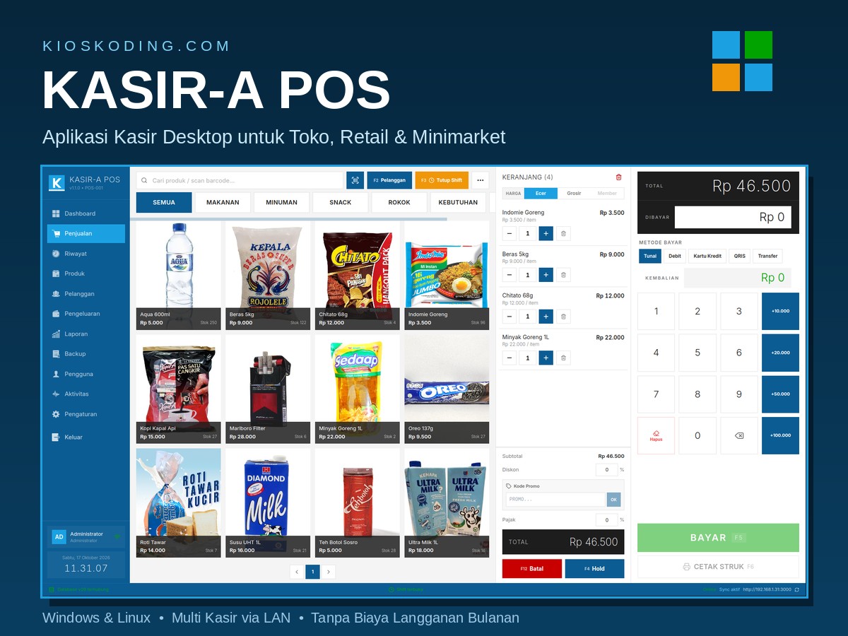 KASIR-A POS — Aplikasi Kasir (POS) Desktop Dual Monitor, Support Barcode & Printer Thermal, Tanpa Langganan Bulanan